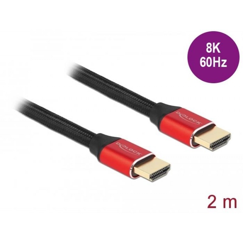 Кабел Delock Ultra High Speed, HDMI мъжко - HDMI мъжко, 48 Gbit/s, 8K 60 Hz, 2 м, Червен, DELOCK-85774