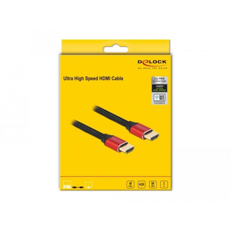 Кабел Delock Ultra High Speed, HDMI мъжко - HDMI мъжко, 48 Gbit/s, 8K 60 Hz, 2 м, Червен, DELOCK-85774