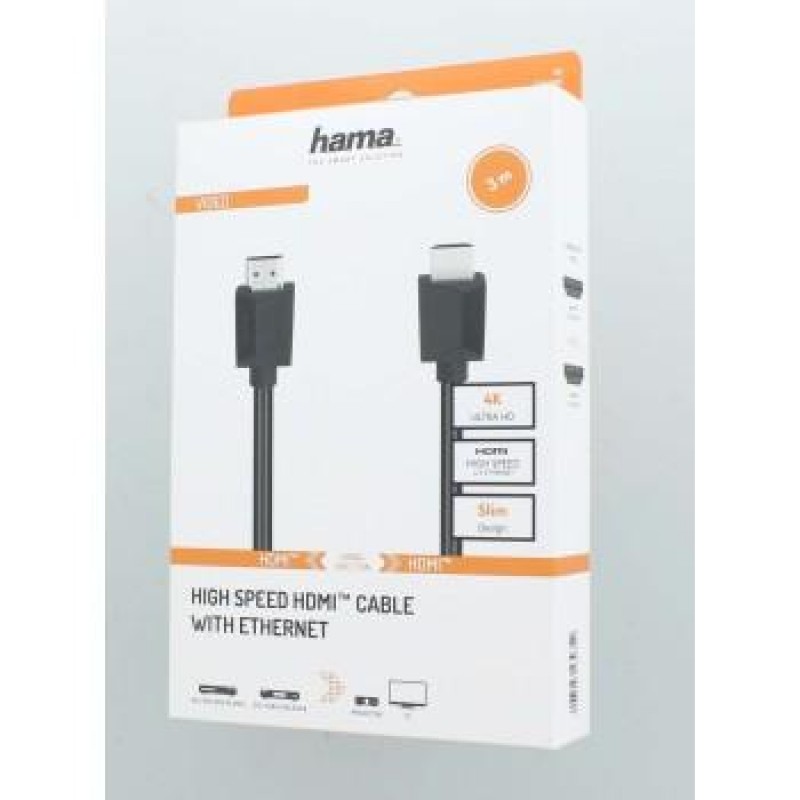 Кабел HAMA High-Speed, HDMI мъжко - HDMI мъжко, 4K, 3м, 18Gbit/s, Ethernet, Eкраниран, Черен, HAMA-205006
