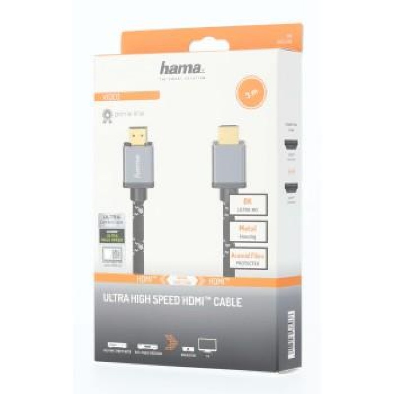 Кабел HAMA Ultra HD, HDMI мъжко - HDMI мъжко, 8K, 48GB/s,метал, 3 м, Позл. конектори, Ethernet