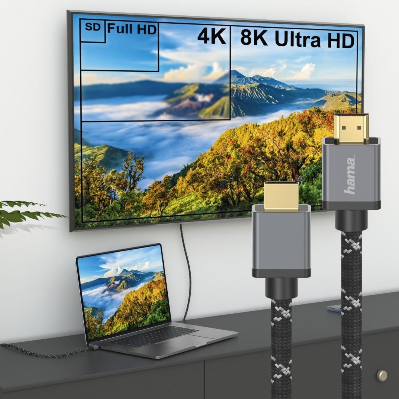 Кабел HAMA Ultra HD, HDMI мъжко - HDMI мъжко, 8K, 48GB/s,метал, 3 м, Позл. конектори, Ethernet
