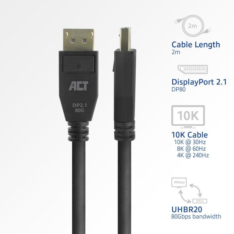 ACT Кабел Display port 2.1 мъжко-мъжко,8К@60Hz,4k@240Hz, 2м, черен, EWENT-ACT-CAB-AK4082
