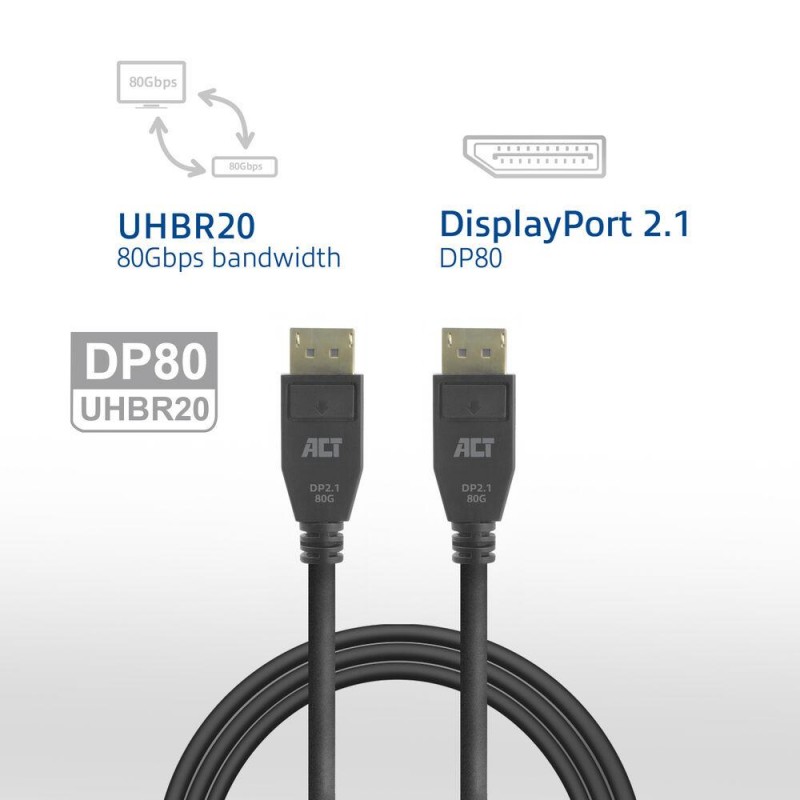 ACT Кабел Display port 2.1 мъжко-мъжко,8К@60Hz,4k@240Hz, 2м, черен, EWENT-ACT-CAB-AK4082