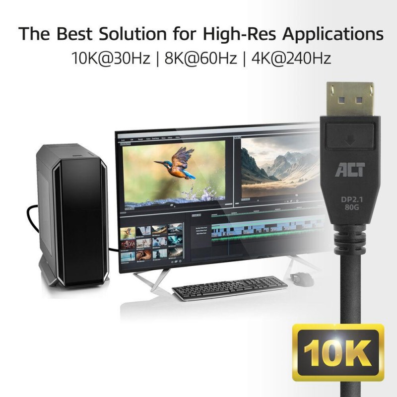 ACT Кабел Display port 2.1 мъжко-мъжко,8К@60Hz,4k@240Hz, 2м, черен, EWENT-ACT-CAB-AK4082