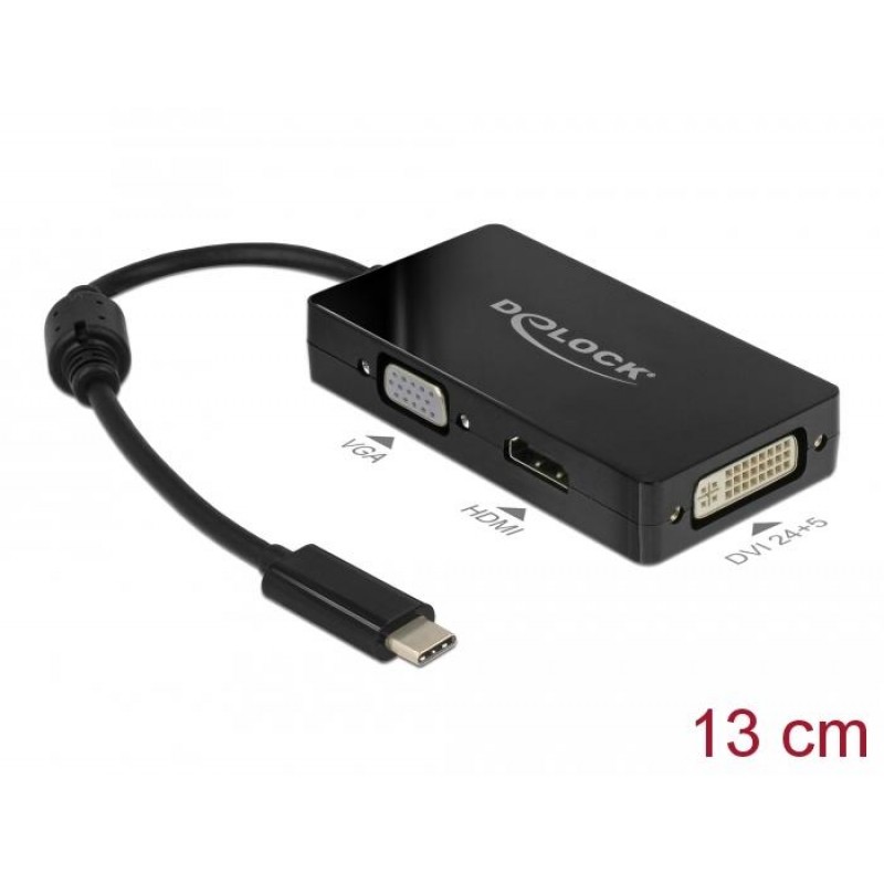 Адаптер 3 в 1 Delock 63925 USB-C мъжко - VGA DVI HDMI женско, Черен, DELOCK-63925