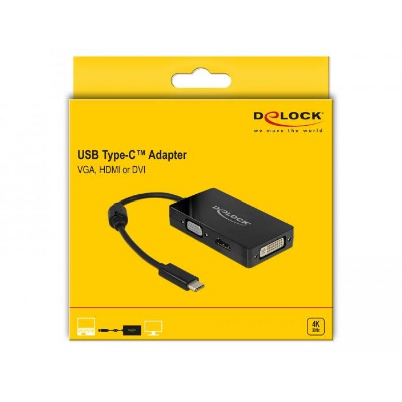 Адаптер 3 в 1 Delock 63925 USB-C мъжко - VGA DVI HDMI женско, Черен, DELOCK-63925