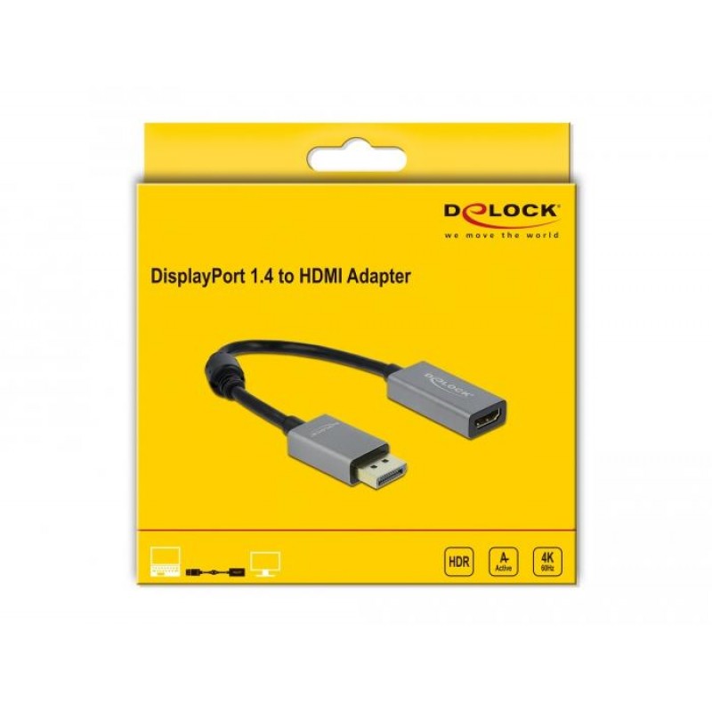 Адаптер Delock, DisplayPort 1.4 мъжко - HDMI женско, 4K 60 Hz (HDR), DELOCK-66436