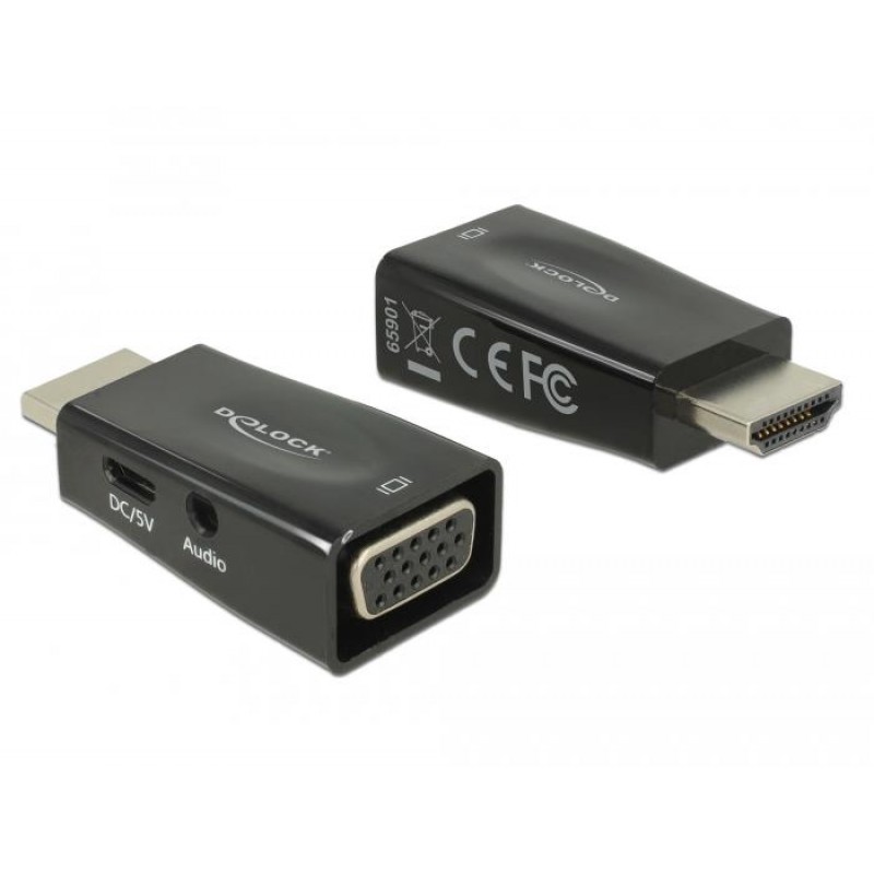 Адаптер Delock, HDMI мъжко - VGA + microUSB + Audio женско, Черен, DELOCK-65901