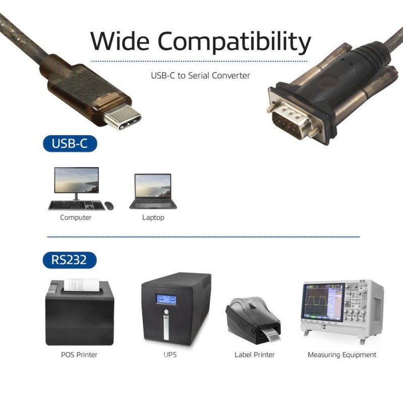 Конвертор ACT AC6002, USB-C мъжко - RS232 мъжко, 9 pin, 1.5 м, Черен-EWENT-ACT-AC6002