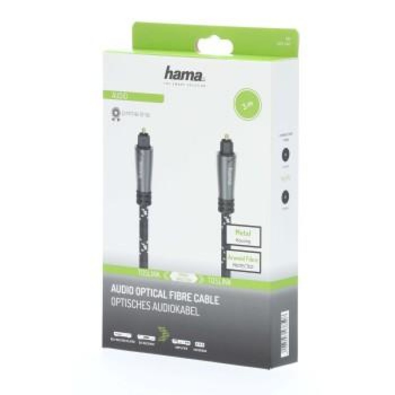 Оптичен аудио кабел HAMA 205140, ODT plug (Toslink), Метални накрайници, 3 м, Черен, HAMA-205140